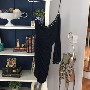 Navy one shoulder embellished party dress